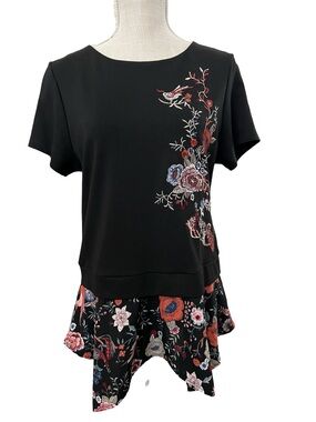 Anthropologie Black Top with Orange & Floral Embroidery